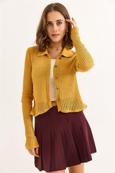 Polo Yaka Yazlık Triko Hırka Taba