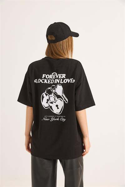 Baskılı Oversize İki İplik Tshirt Siyah