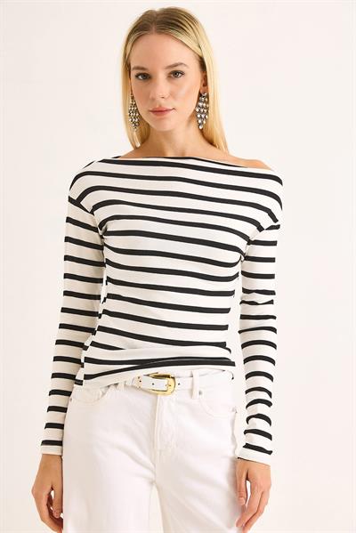 Kadın Çizgi Desen Geniş Yaka Uzun Kollu Bluz Siyah