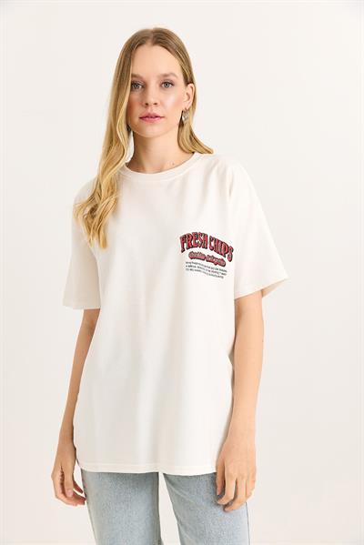 Rahat Kesim Baskılı Kadın Tshirt Beyaz