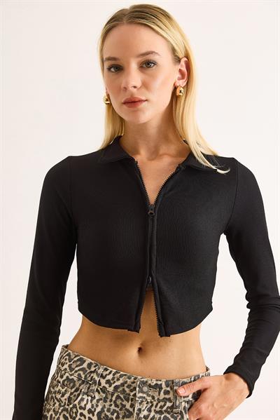 Kadın Polo Yaka Fermuarlı  Fitilli Kaşkorse Crop Siyah