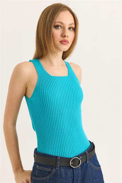 Kare Yaka Kalın Askılı Triko Atlet Bluz Mavi