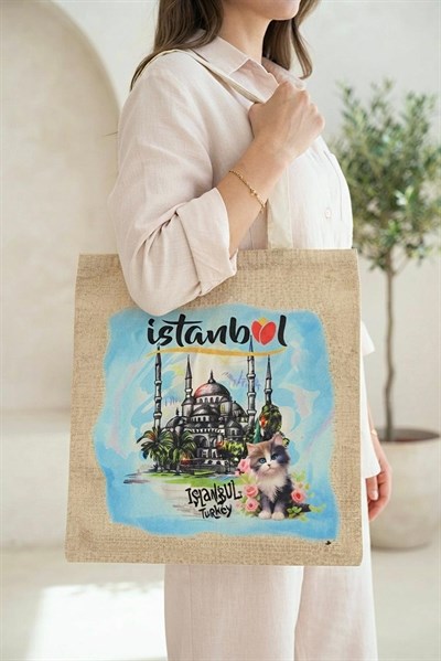 Kadın Cami Baskılı İstanbul Yazılı Kedi Detay 40X32 Ölçülü Bez Omuz Çantası Mavi