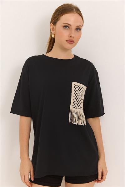 Hasır Cepli Yumuşak Dokulu Fit Tshirt Siyah