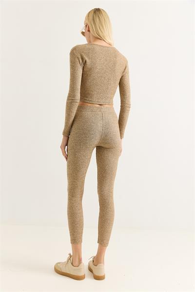 Kadın Esnek Tayt Crop Takım Vizon