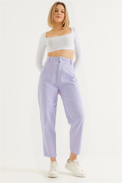 Yüksek Bel Bol Kesim Pantolon Lila