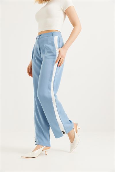 Yanları Şeritli Bol Paça Pantolon Mavi