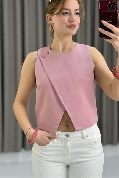 Kadın Kalın Askılı Önden Mini Yırtmaçlı Yelek Pembe