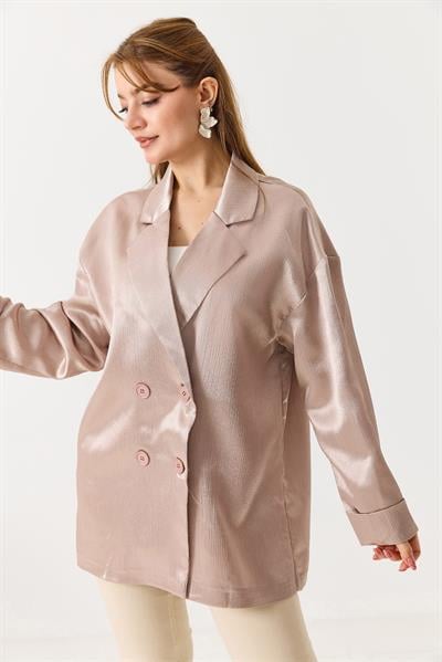Kadın  Kruvaze Yaka Saten Oversize Blazer Ceket Pudra
