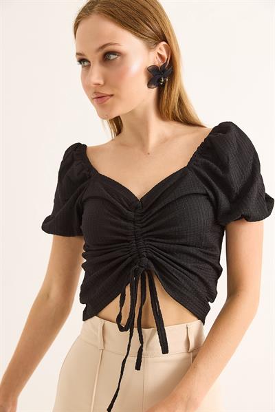 Prenses Kol Önden Büzgülü Bluz Siyah