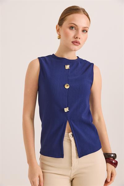 Bisiklet Yaka Gold Düğmeli Ottoman Fitilli Bluz Saks