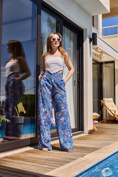 Bol Paça Beli Kalın Kemerli Pantolon Mavi