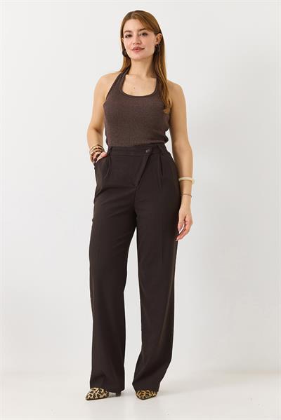 Kadın Çapraz Düğmeli Yüksek Bel Kumaş Pantolon Kahverengi