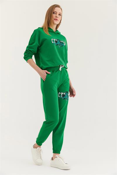 Kapüşonlu Baskılı Eşofman Takım Yeşil