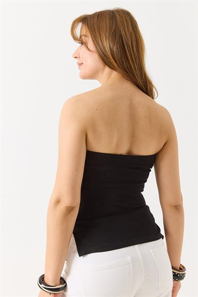 Yanları Büzgülü Yırtmaçlı Esnek Straplez Bluz Siyah