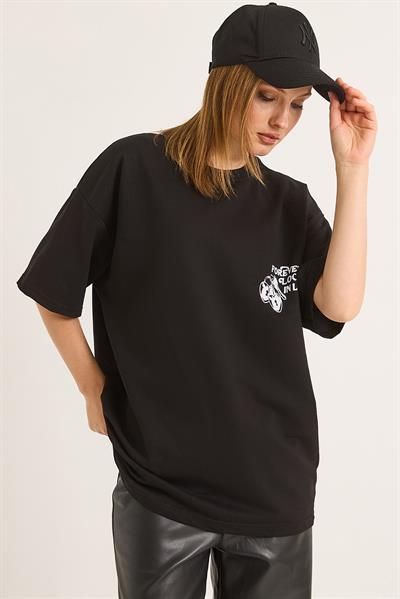 Baskılı Oversize İki İplik Tshirt Siyah