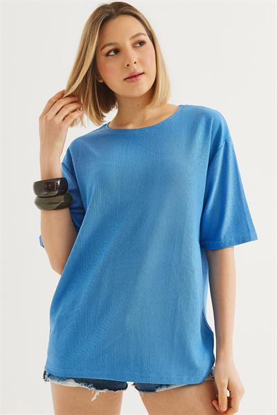 Bisiklet Yaka  Kısa Kol Basic Tshirt Mavi