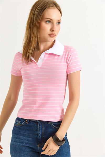 Polo Yaka Çizgi Desenli Kadın Tshirt Pembe