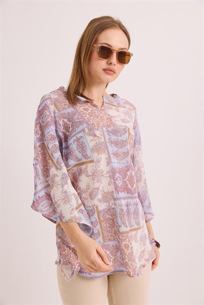 Desenli Yarasa Kol V Yaka Salaş Şifon Bluz Lila