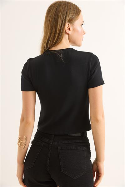 Bisiklet Yaka Kısa Kol Crop Bluz Siyah