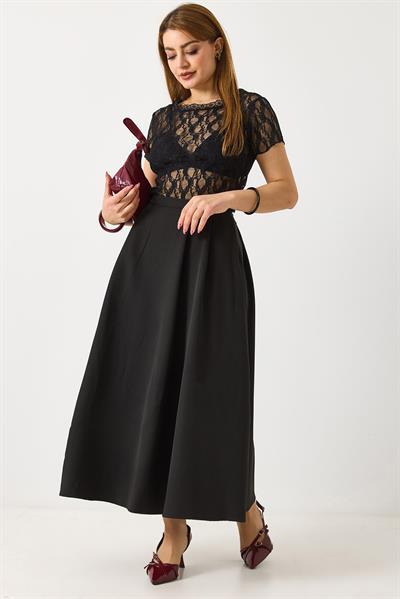 Kadın Yandan Fermuarlı Cepli Uzun Etek Siyah