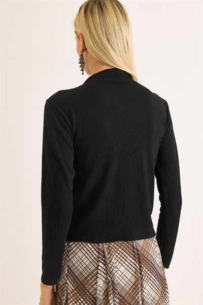 Vücuda Oturan Uzun Kollu Dik Yaka Fitilli Esnek Örme Bluz Siyah