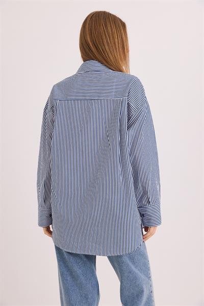 Çizgili Oversize Basic Gömlek Lacivert