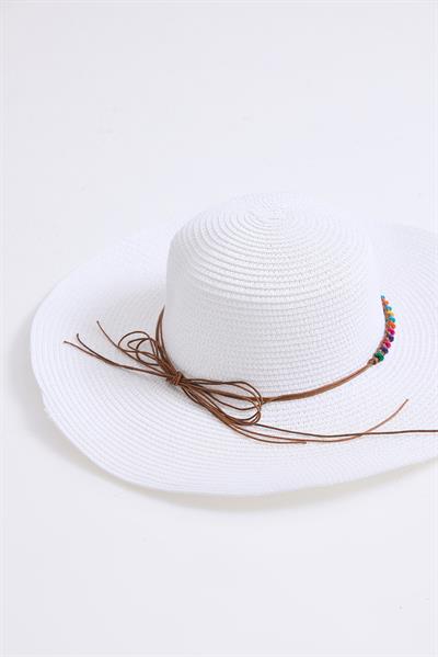 Aksesuarlı Kadın Hasır Plaj Şapkası Beyaz