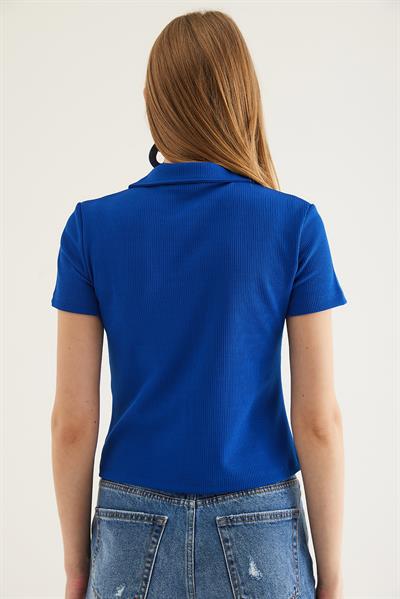 Polo Yaka Fermuarlı  Kaşkorse Bluz Saks	