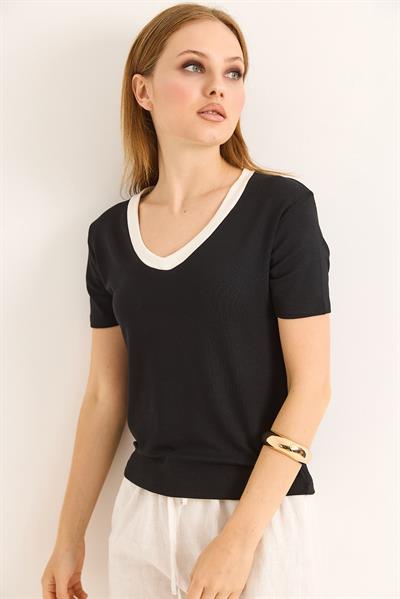 V Yaka  Kısa Kollu Kadın Kısa Tshirt Siyah