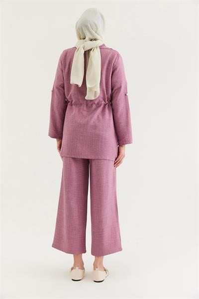 Bel Bağlamalı Ceketli Keten Takım Gül Kurusu