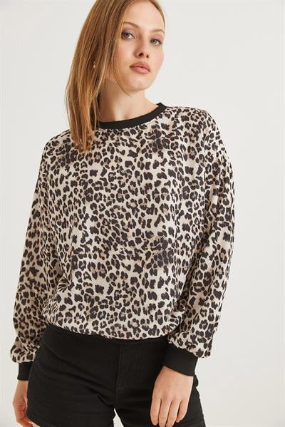  Leopar Desenli Oversize İki İplik Sweat Leopar