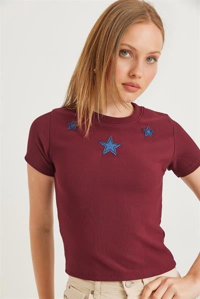 Yıldız Detaylı Fitilli Kısa Kollu Crop Bluz Bordo