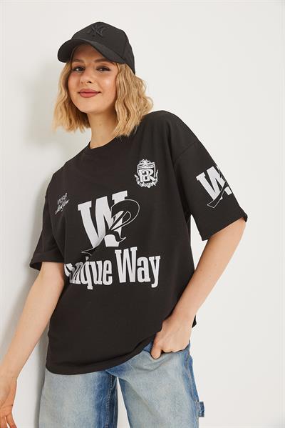 Bisiklet Yaka Baskılı Tshirt Siyah