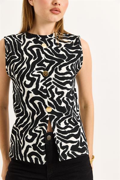 Bisiklet Yaka Gold Düğmeli Ottoman Fitilli Bluz Zebra Siyah Beyaz