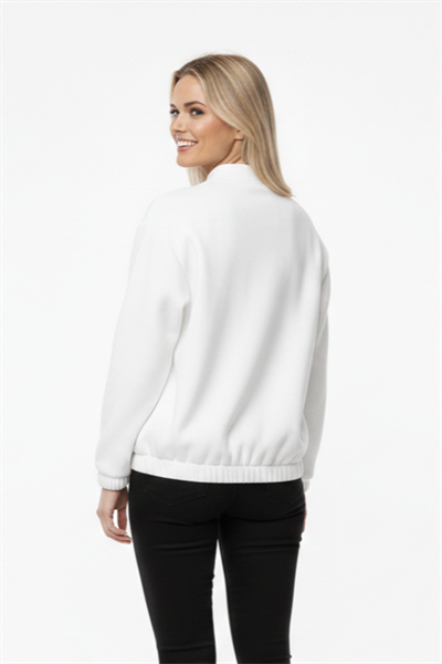 Üç İplik Şardonlu Beyaz Beli Lastikli Fermuarlı Hırka