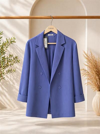 Kadın Kruvaze Yaka Oversize Blazer Ceket İndigo