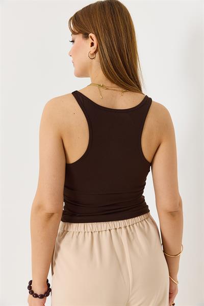 Kadın Göğsü Dolgulu Askılı Crop Bluz Kahverengi