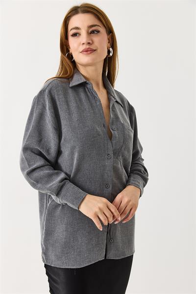 Kadın Oversize Müslin Kumaş Basic Gömlek Gri