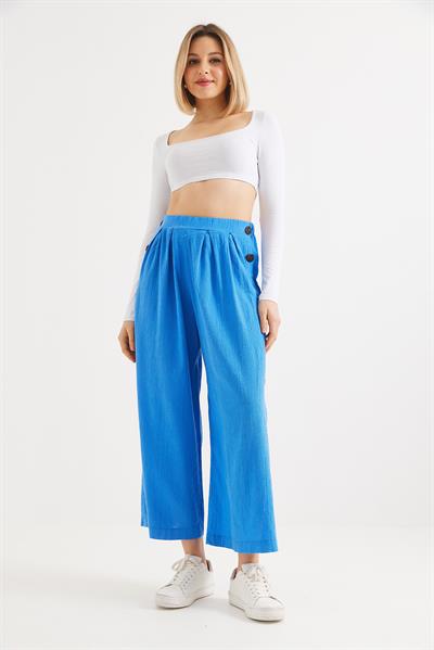 Yanları  Düğmeli  Bol Kesim Keten Pantolon  Mavi