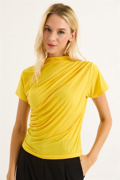 Kısa Kol Büzgülü Bisiklet Yaka Bluz Sarı