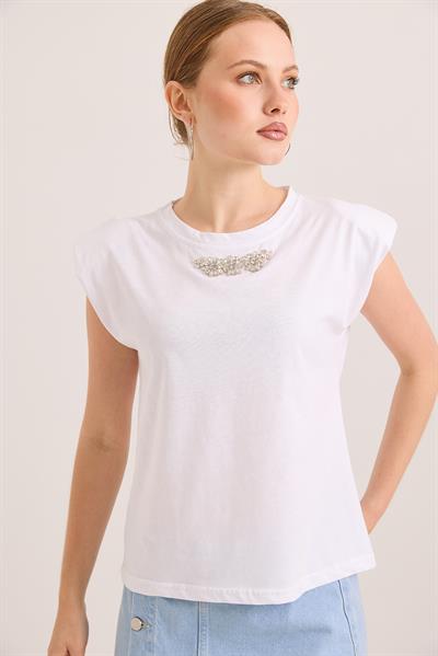 Omuz Vatkalı Şık Aksesuar Detaylı Pamuk Örme Tshirt Beyaz