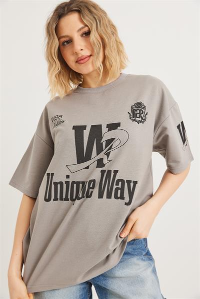 Bisiklet Yaka Baskılı Tshirt Gri