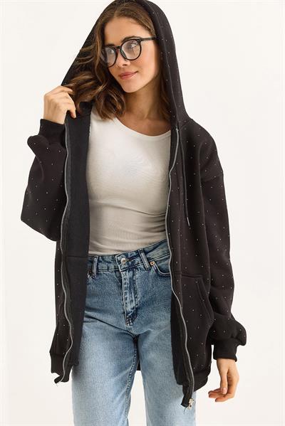 Kadın Taş Detaylı Üç İplik Oversize Kanguru Cep Sweat Hırka Siyah