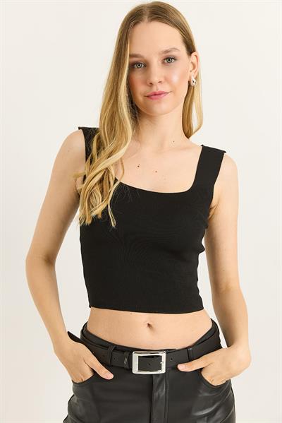  Kare Yaka Crop Triko Bluz Siyah