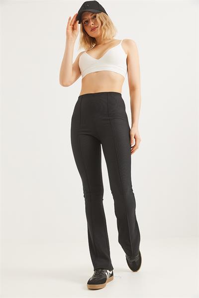 Yüksek Bel Çımalı Fitilli Pantolon Siyah