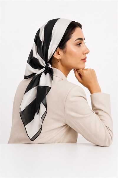  Şifon 45X45 Ölçülü Fular Siyah Beyaz
