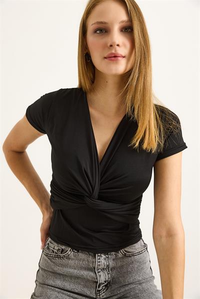Kruvaze Yaka Çarpaz Bağlama Detaylı Bluz Siyah