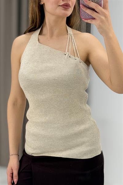 Tek Omuz Boyun Detaylı Triko Bluz Vizon