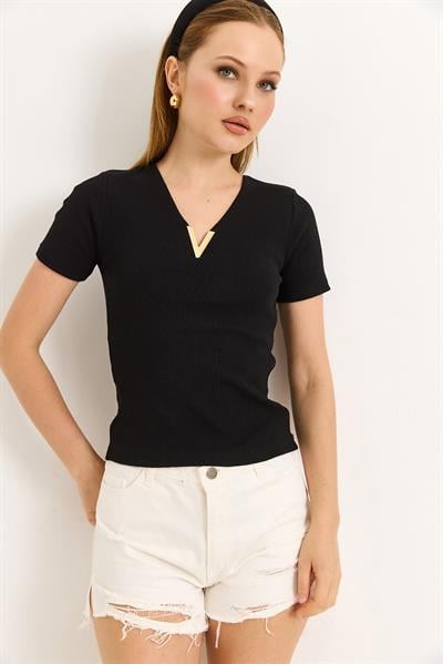 Yaka V detay Kısa Kol Kaşkorse Siyah